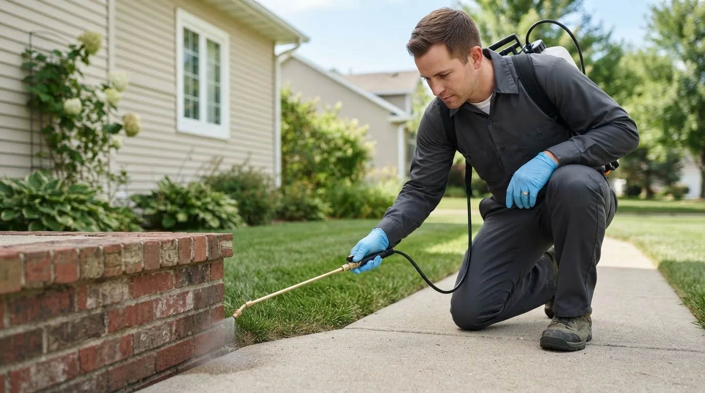 Pest control technician treating a home near Ukiah, OR